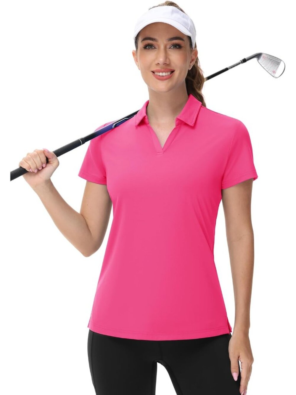 Women's 04-rose Red V-Neck Polo Shirts UPF50+ Short Sleeve Golf Collared Tops - Picture 5 of 6